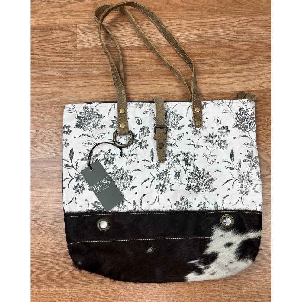 Myra Bag Baroque Tote Bag Western Upcycled Cowhide‎ Leather & Cotton NEW